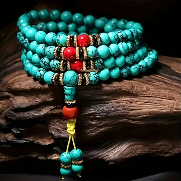 Handmade Dyed Green Turquoise Howlite Bead Stretch Necklace - 29 inches #1540 - Picture 3 of 5